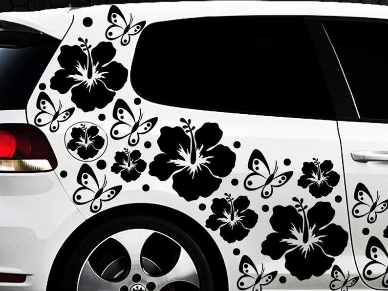 Autocollant de voiture 36 pièces fleurs d'hibiscus papillons HAWAÏ TATOUAGE MURAL Fleurs Points x