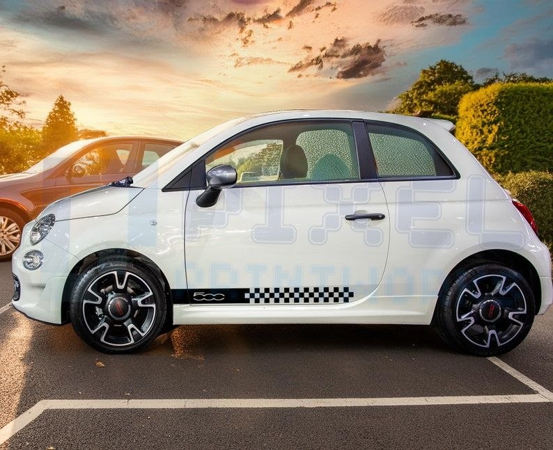Sticker Fiat 500 Checkers à bandes latérales mi-longues – Kit graphique en vinyle compact par Pixel Printworks