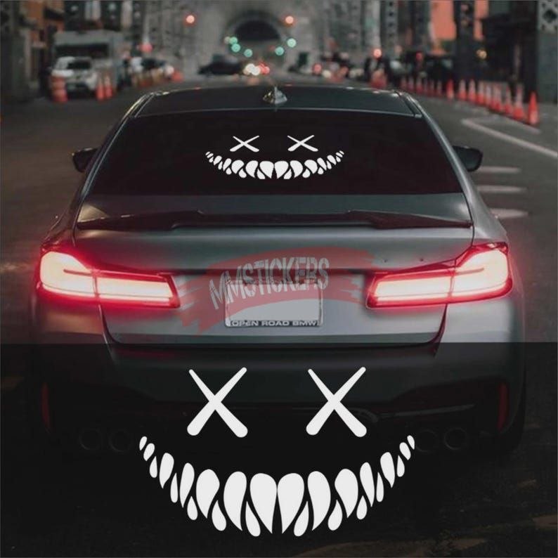 Sticker voiture sourire effrayant - Sticker vitre arrière avec yeux et dents