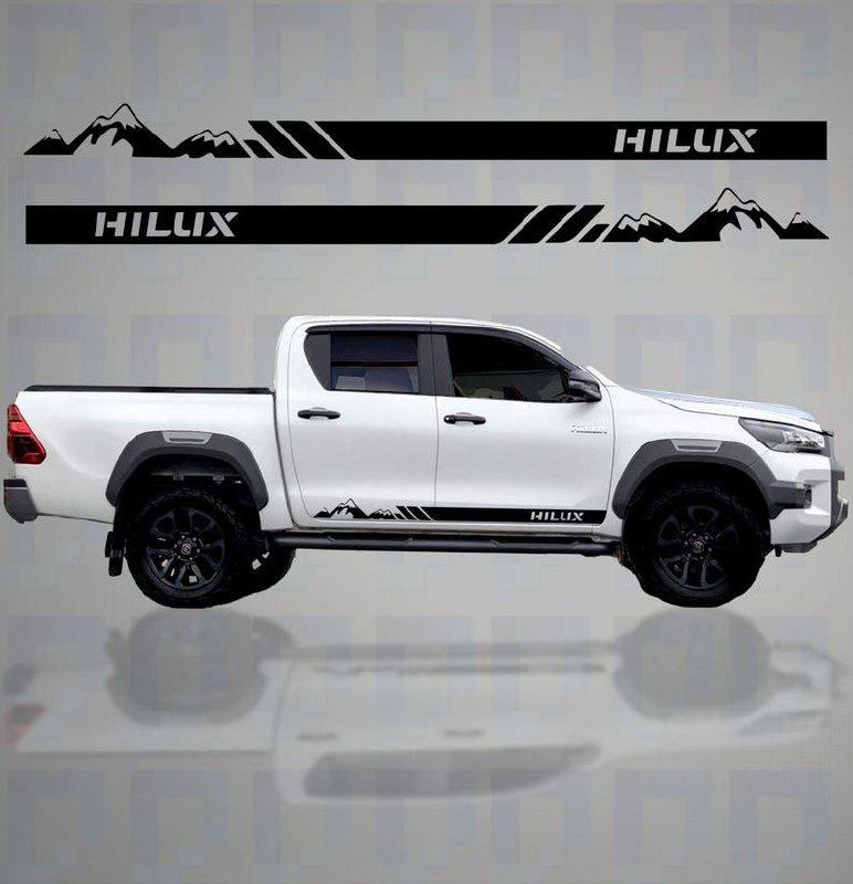 Stickers 2 bandes latérales Toyota Hilux - Design montagne en vinyle d'origine (2015-2026)