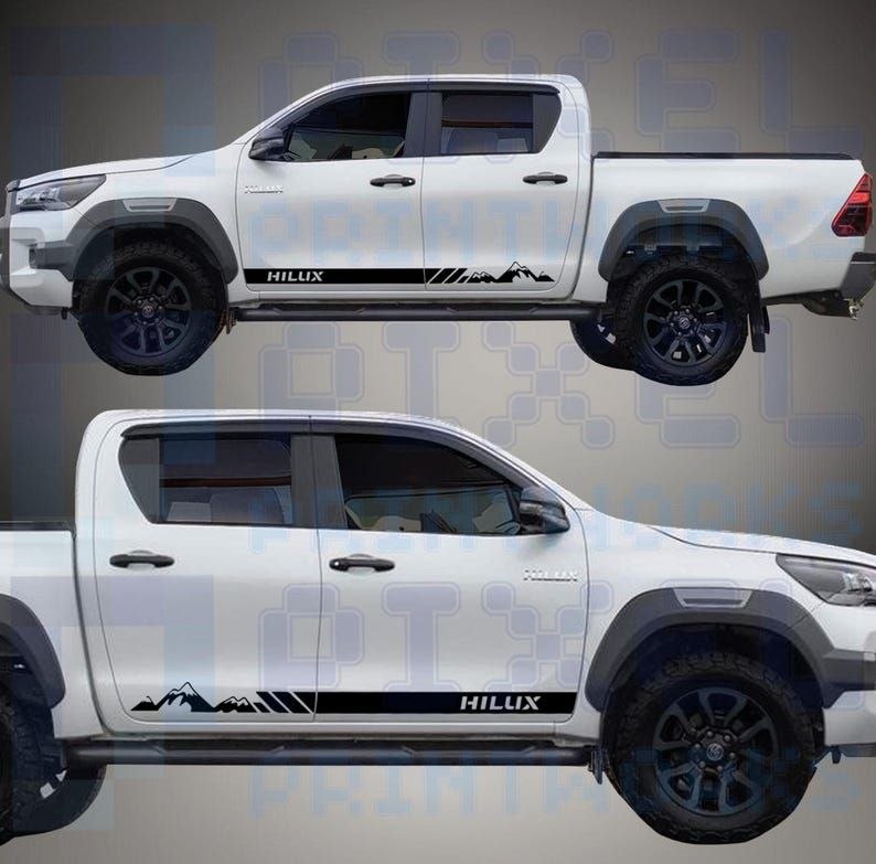 Stickers 2 bandes latérales Toyota Hilux - Design montagne en vinyle d'origine (2015-2026)